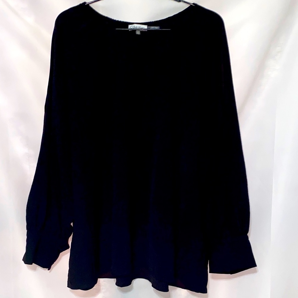 CALVIN KLEIN  WO SIZE 3X BLACK BLOUSE LONG SLEEVE OPEN SLEEVE ELASTIC COLLAR EUC